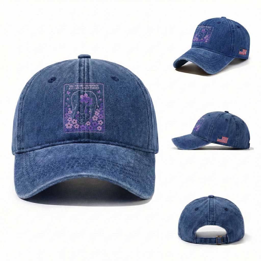 Elephant Alzheimers Purple Floral Support Washed Cotton Baseball Cap You May Not Remember But I Will Never Forget TS12 Washed Cap Universal Fit Royal Blue Print Your Wear