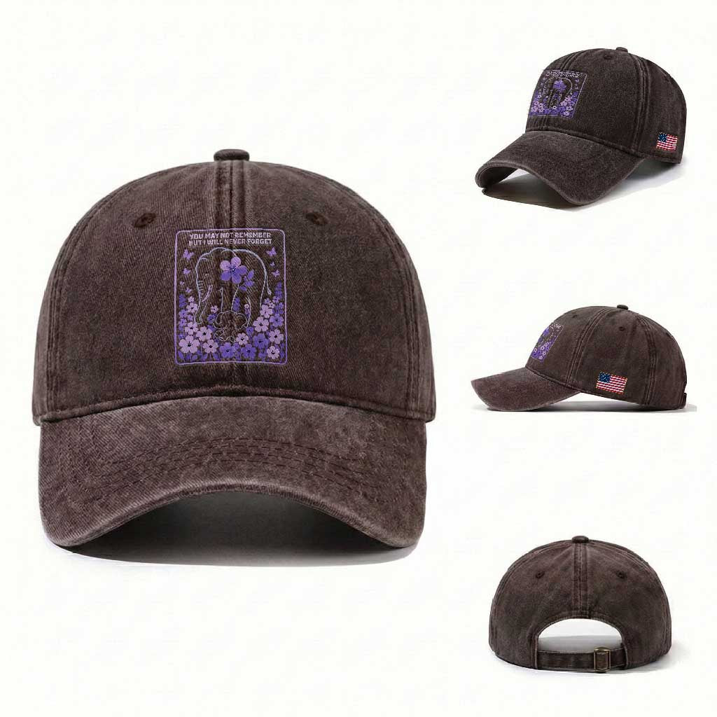 Elephant Alzheimers Purple Floral Support Washed Cotton Baseball Cap You May Not Remember But I Will Never Forget TS12 Washed Cap Universal Fit Dark Brown Print Your Wear