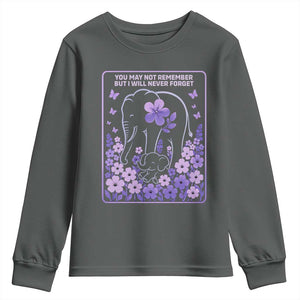 Elephant Alzheimers Purple Floral Support Youth Sweatshirt You May Not Remember But I Will Never Forget TS12 Dark Heather Print Your Wear