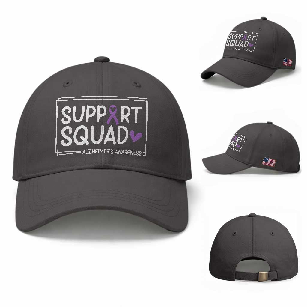 Support Squad Alzheimers Baseball Cap Purple Ribbon Hope Strength Love TS12 Baseball Cap Universal Fit Dark Gray Print Your Wear