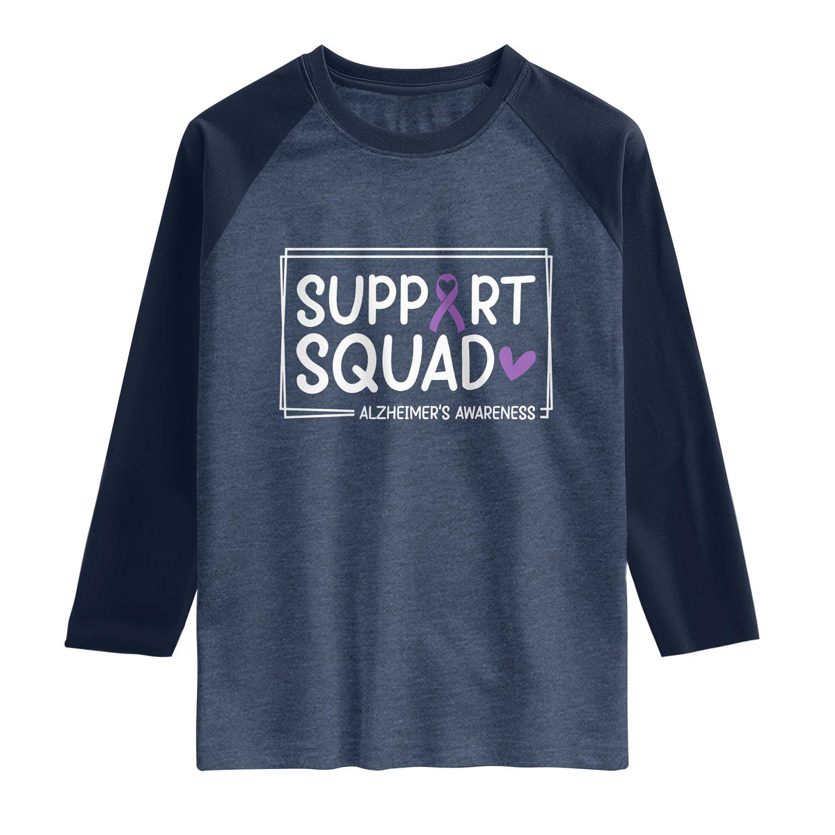 Support Squad Alzheimers Raglan Shirt Purple Ribbon Hope Strength Love TS12 Heather Denim Navy Print Your Wear
