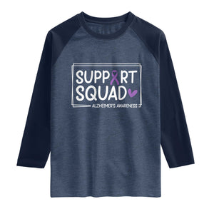 Support Squad Alzheimers Raglan Shirt Purple Ribbon Hope Strength Love TS12 Heather Denim Navy Print Your Wear