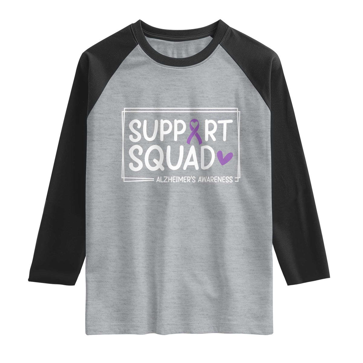 Support Squad Alzheimers Raglan Shirt Purple Ribbon Hope Strength Love TS12 Heather Gray Black Print Your Wear