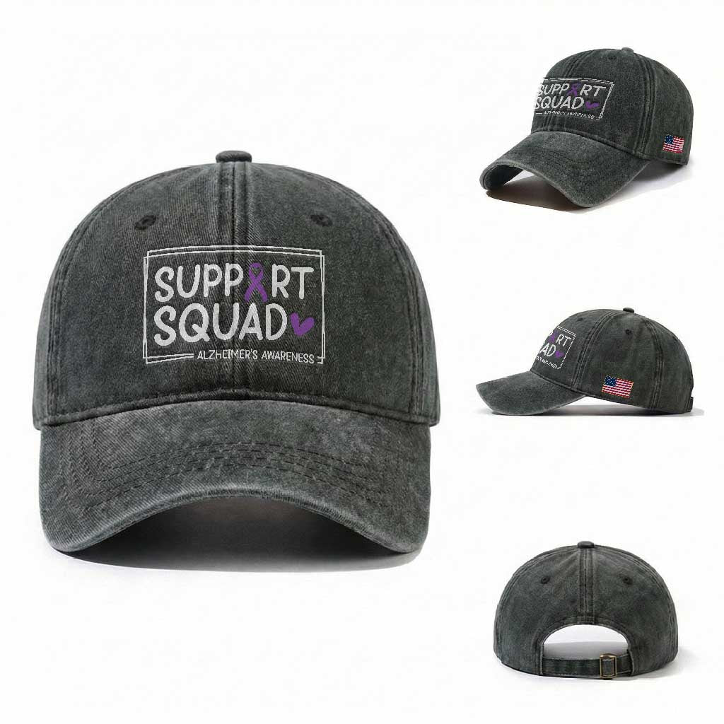 Support Squad Alzheimers Washed Cotton Baseball Cap Purple Ribbon Hope Strength Love TS12 Washed Cap Universal Fit Dark Green Print Your Wear