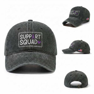 Support Squad Alzheimers Washed Cotton Baseball Cap Purple Ribbon Hope Strength Love TS12 Washed Cap Universal Fit Dark Green Print Your Wear