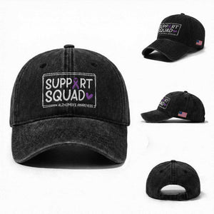 Support Squad Alzheimers Washed Cotton Baseball Cap Purple Ribbon Hope Strength Love TS12 Washed Cap Universal Fit Black Print Your Wear