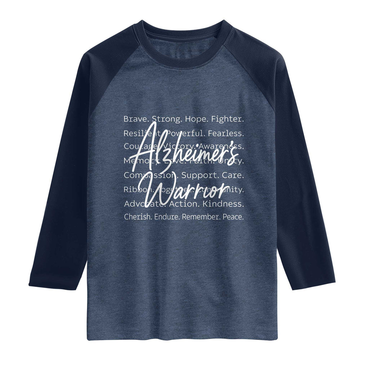 Alzheimers Warrior Purple Ribbon Support Word Cloud Typography Raglan Shirt TS12 Heather Denim Navy Print Your Wear