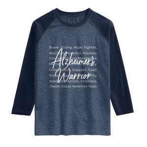 Alzheimers Warrior Purple Ribbon Support Word Cloud Typography Raglan Shirt TS12 Heather Denim Navy Print Your Wear