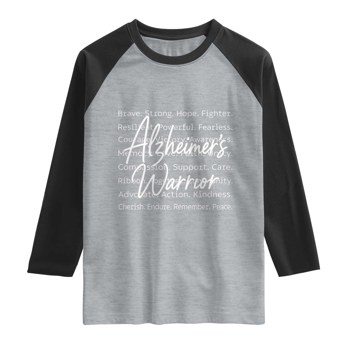Alzheimers Warrior Purple Ribbon Support Word Cloud Typography Raglan Shirt TS12 Heather Gray Black Print Your Wear