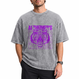 Alzheimer's Warrior Washed Cotton T-Shirt Purple Tiger Ribbon Support Graphic