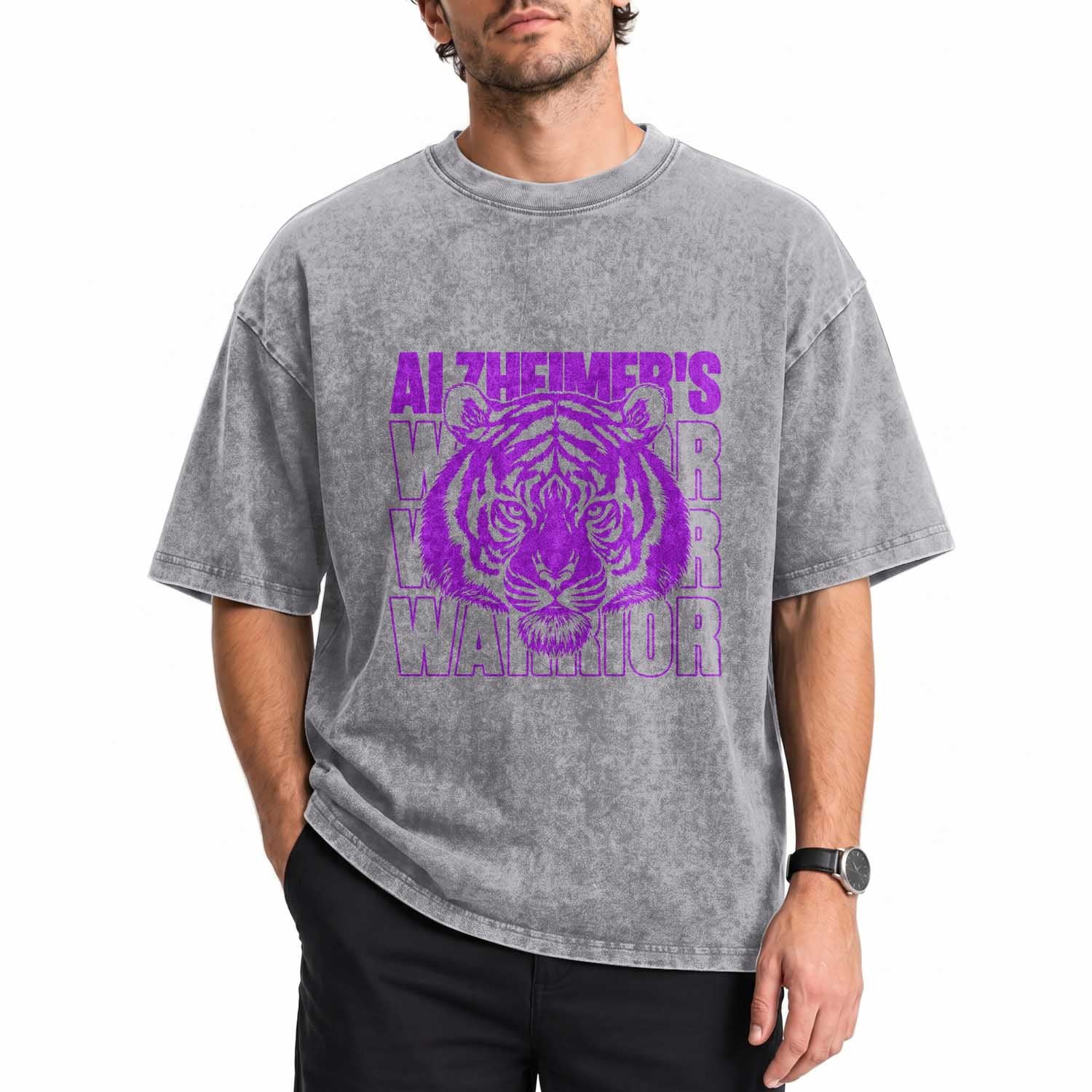 Alzheimer's Warrior Washed Cotton T-Shirt Purple Tiger Ribbon Support Graphic