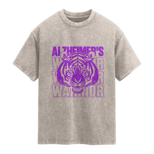 Alzheimer's Warrior Washed Cotton T-Shirt Purple Tiger Ribbon Support Graphic