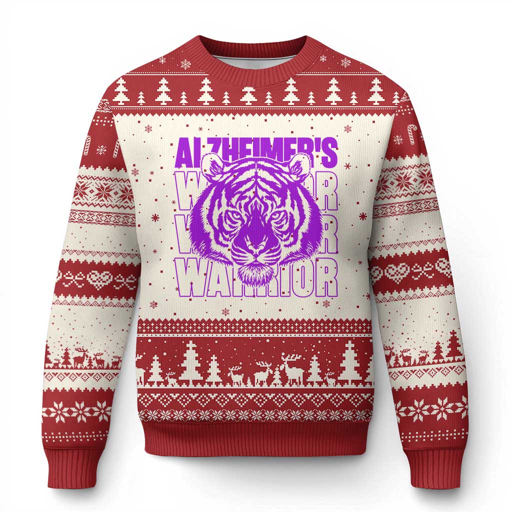 Alzheimer's Warrior Ugly Christmas Sweater Purple Tiger Ribbon Support Graphic TS12 Beige Red Print Your Wear