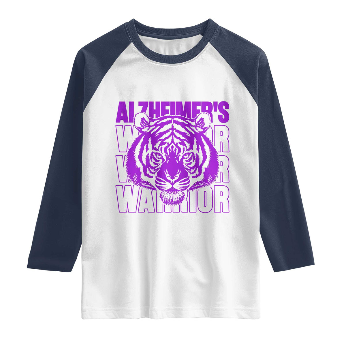 Alzheimer's Warrior Raglan Shirt Purple Tiger Ribbon Support Graphic TS12 White Navy Print Your Wear