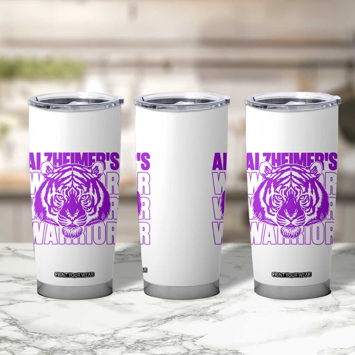Alzheimer's Warrior Tumbler Cup Purple Tiger Ribbon Support Graphic TS12 Print Your Wear