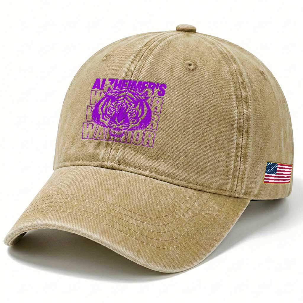 Alzheimer's Warrior Washed Cotton Baseball Cap Purple Tiger Ribbon Support Graphic TS12 Print Your Wear