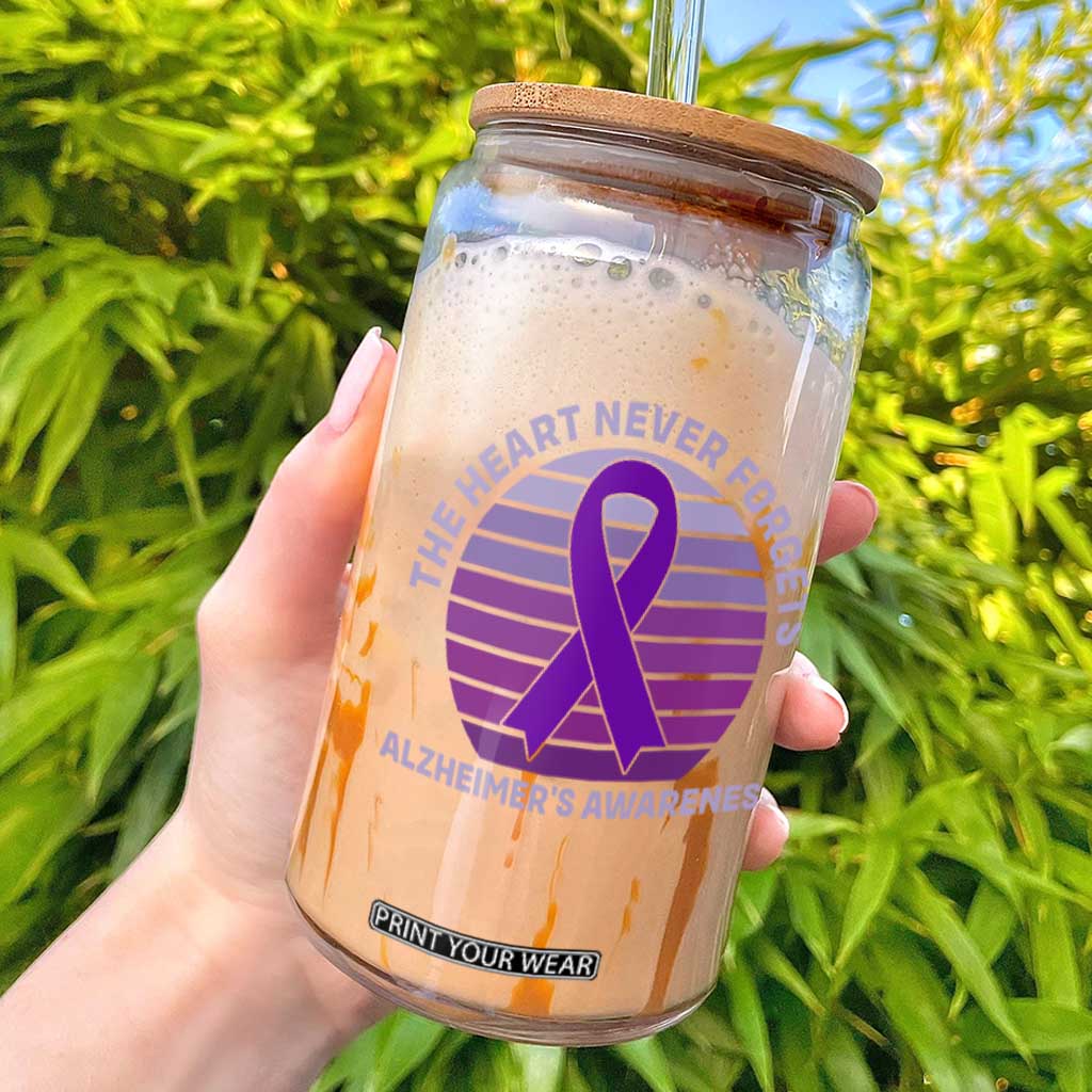 The Heart Never Forgets Alzheimers Support Glass Can Vintage Sunset Purple Ribbon Graphic TS12 Black Print Your Wear