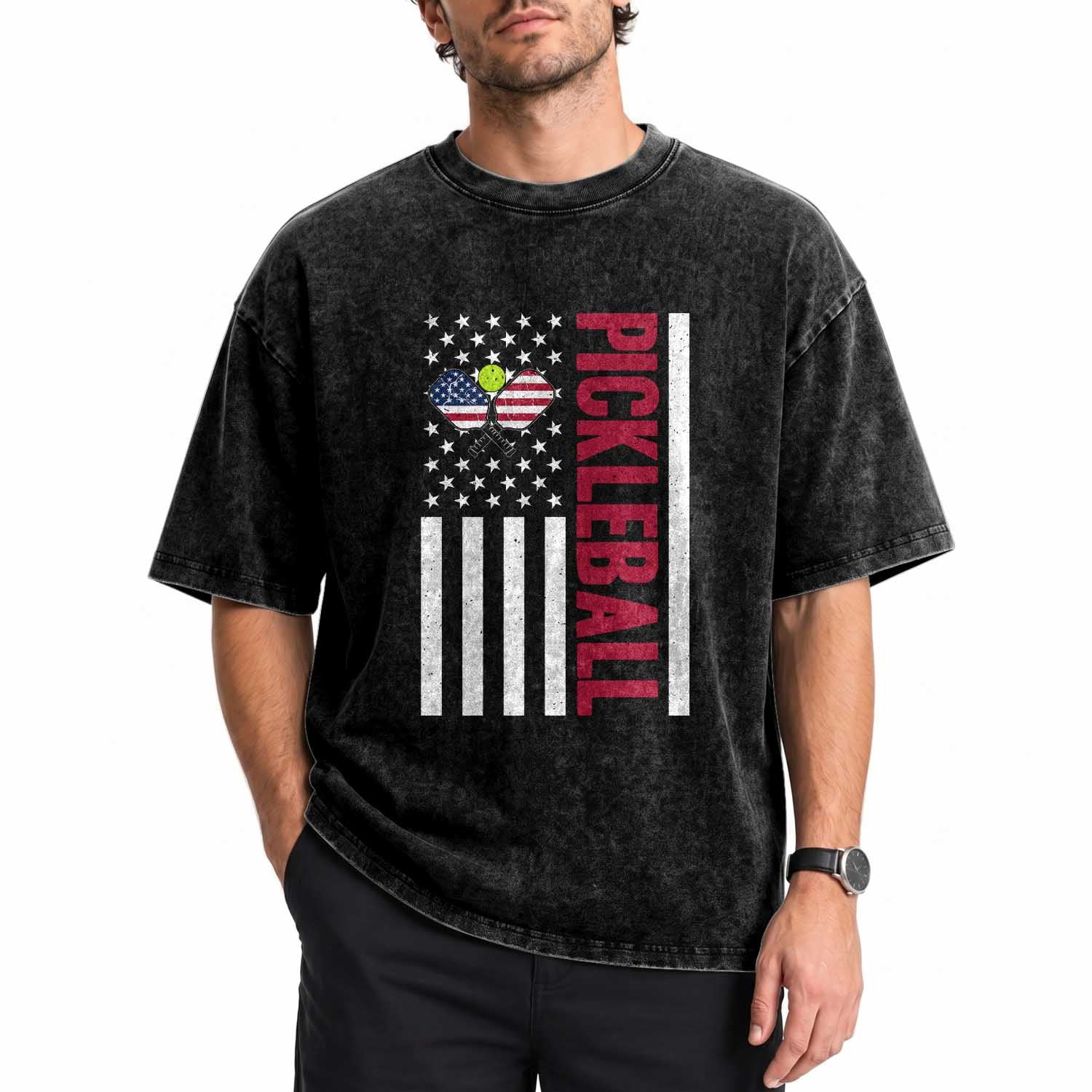 Pickleball Patriotic Washed Cotton T-Shirt American Flag Sport Gift