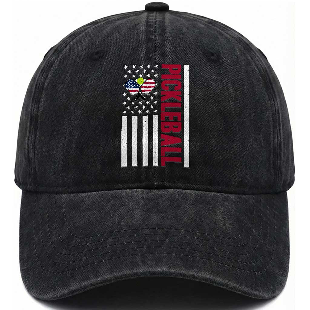 Pickleball Patriotic Washed Cotton Baseball Cap American Flag Sport Gift TS12 Washed Cap Universal Fit Black Print Your Wear