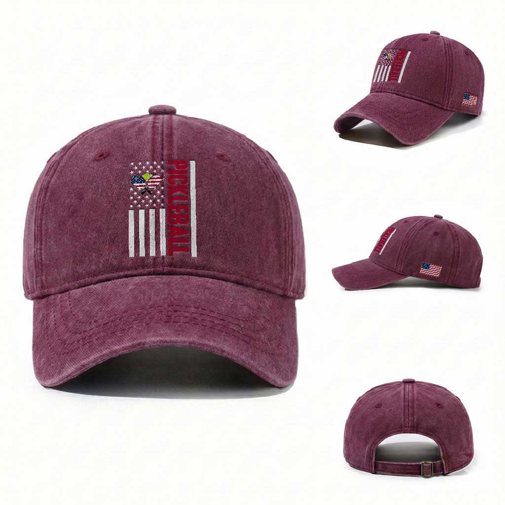 Pickleball Patriotic Washed Cotton Baseball Cap American Flag Sport Gift TS12 Washed Cap Universal Fit Burgundy Print Your Wear
