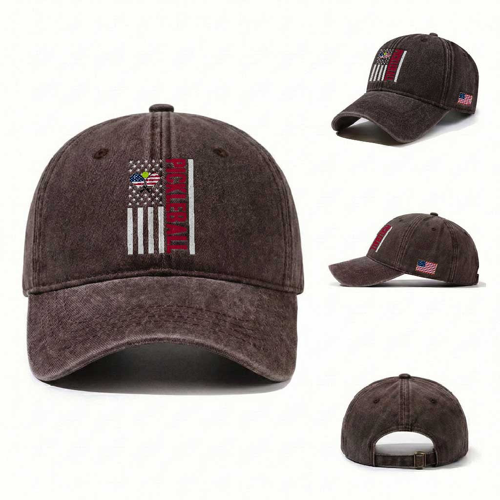 Pickleball Patriotic Washed Cotton Baseball Cap American Flag Sport Gift TS12 Washed Cap Universal Fit Dark Brown Print Your Wear