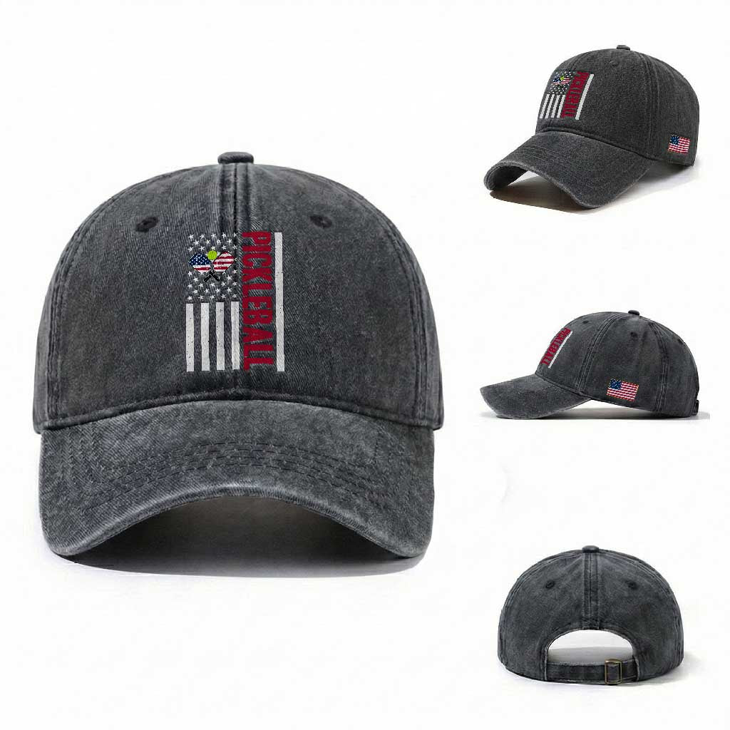 Pickleball Patriotic Washed Cotton Baseball Cap American Flag Sport Gift TS12 Washed Cap Universal Fit Dark Gray Print Your Wear