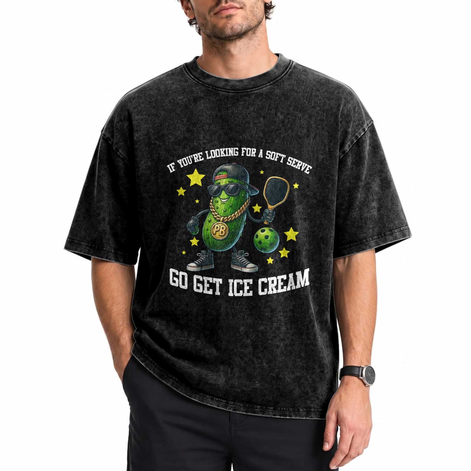 Funny Pickle Playing Pickleball Washed Cotton T-Shirt If You Want Soft Serve Eat Ice Cream
