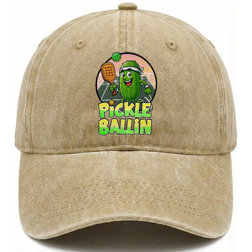 Funny Pickleball Lover Washed Cotton Baseball Cap Pickle Ballin Quote TS12 Print Your Wear