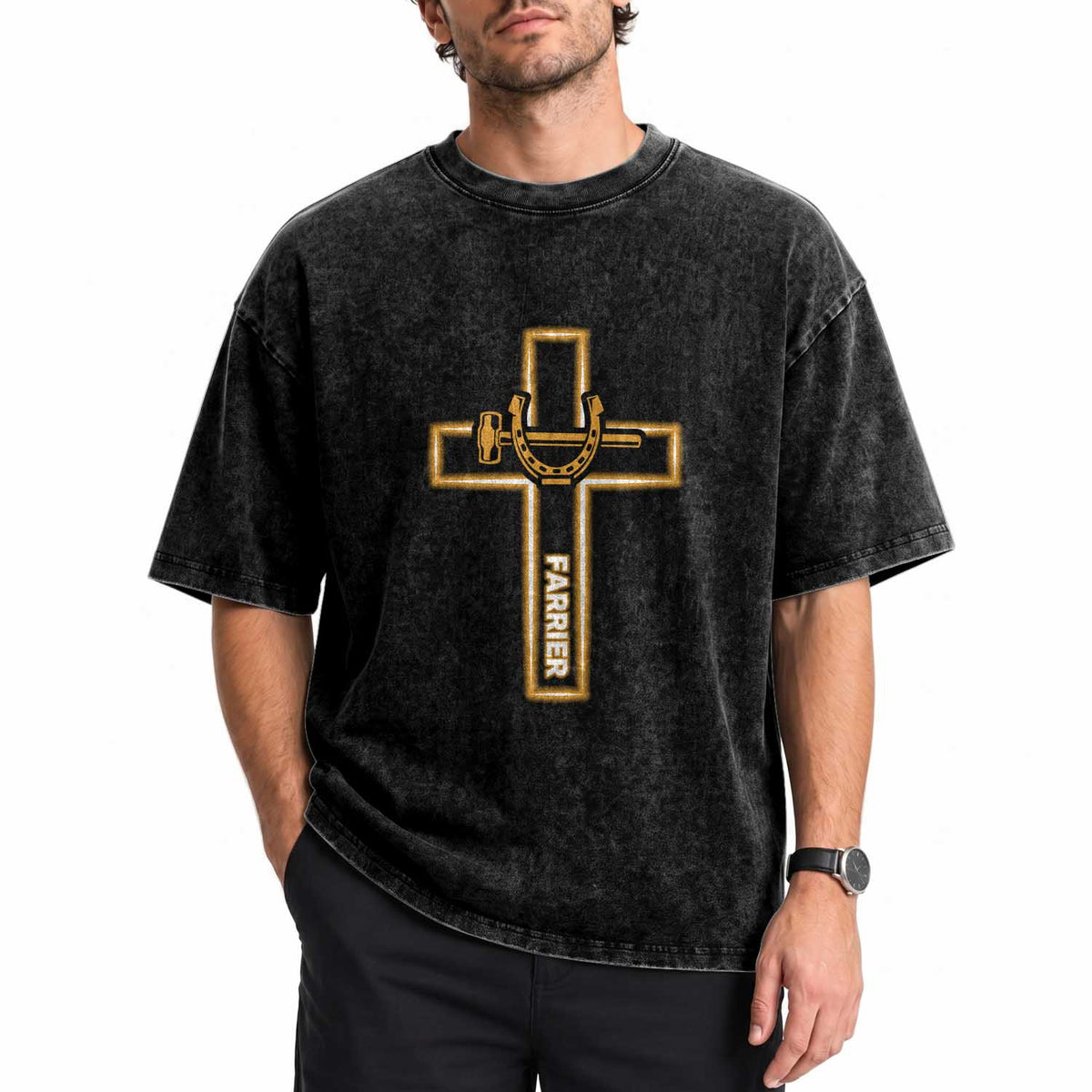 Christian Farrier Faith Cross Washed Cotton T-Shirt Horseshoe Blacksmith Gift