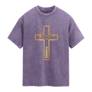 Christian Farrier Faith Cross Washed Cotton T-Shirt Horseshoe Blacksmith Gift