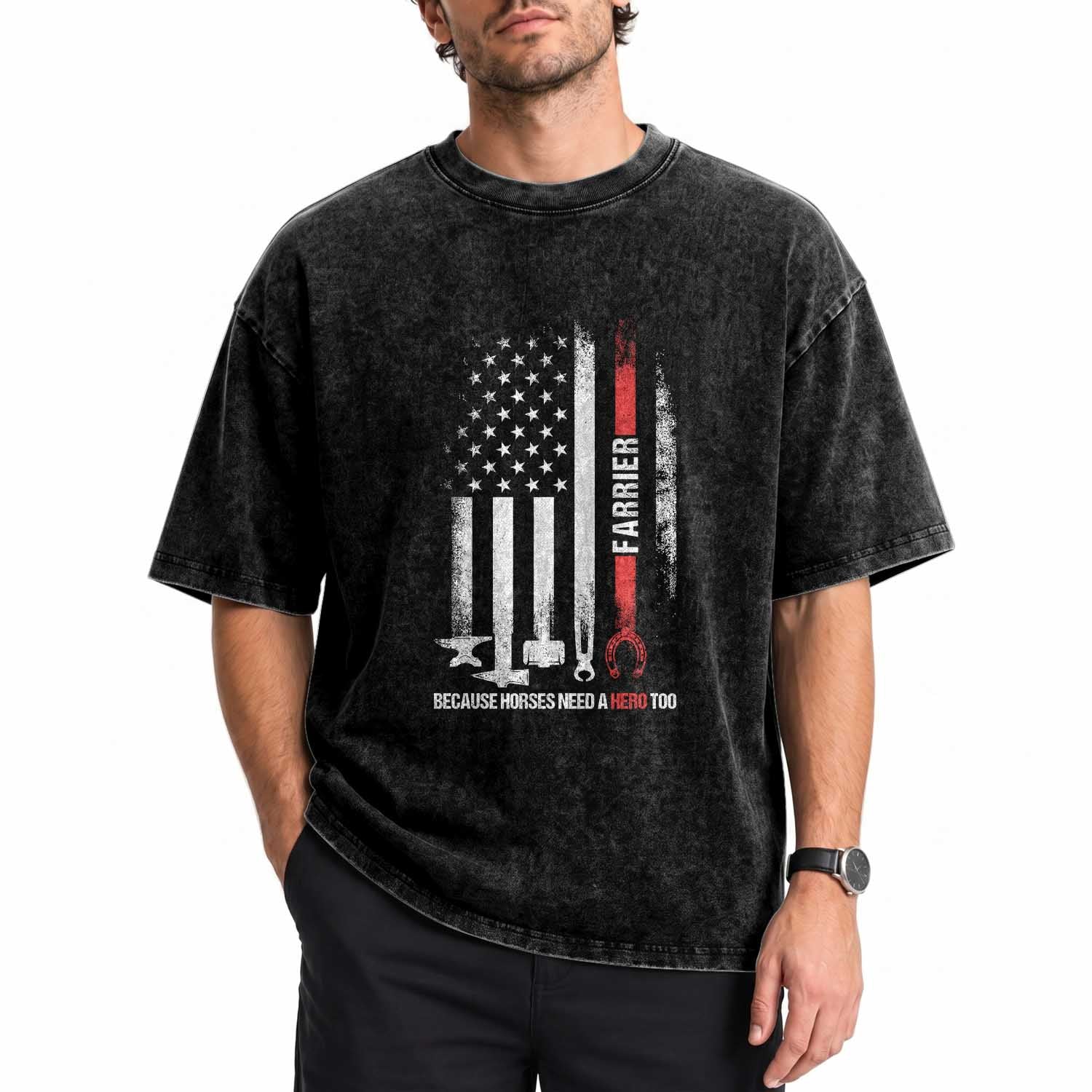 Farrier American Flag Because Horses Need A Hero Too Washed Cotton T-Shirt Patriotic Horse Lover Gift