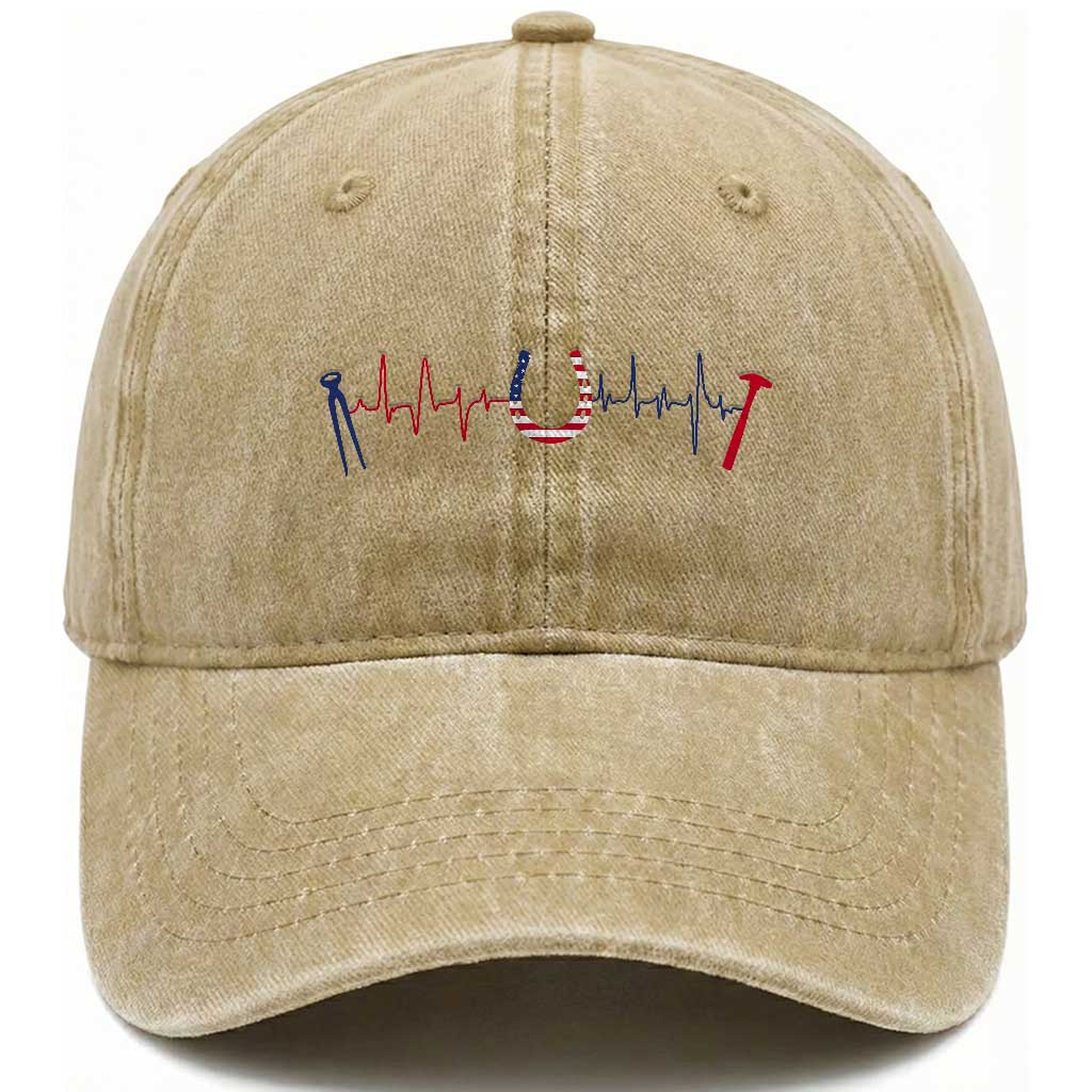 Patriotic Farrier Heartbeat American Flag Washed Cotton Baseball Cap Horseshoe USA Horse Lover Gift