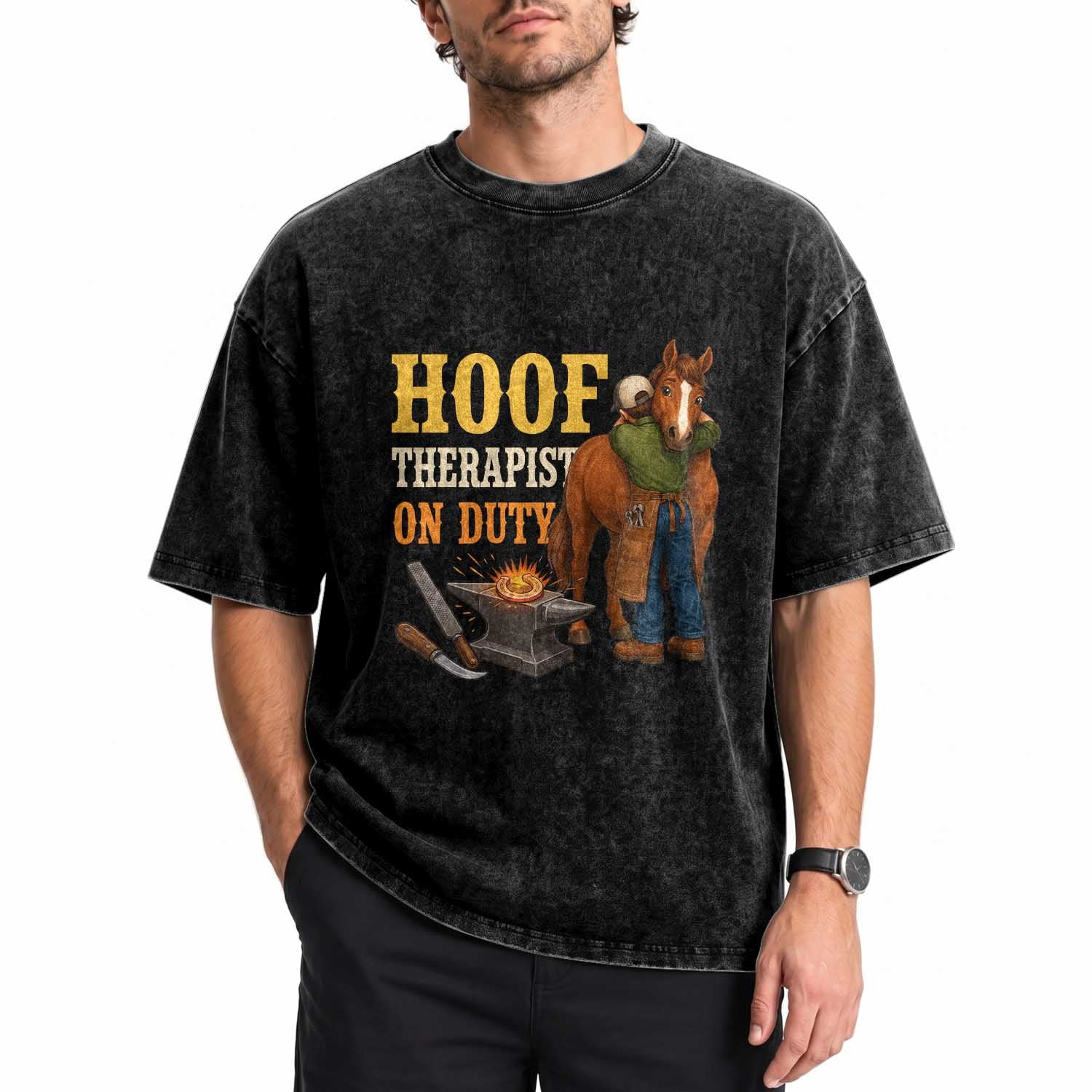 Equine Care Farrier Gift Washed Cotton T-Shirt Hoof Therapist On Duty