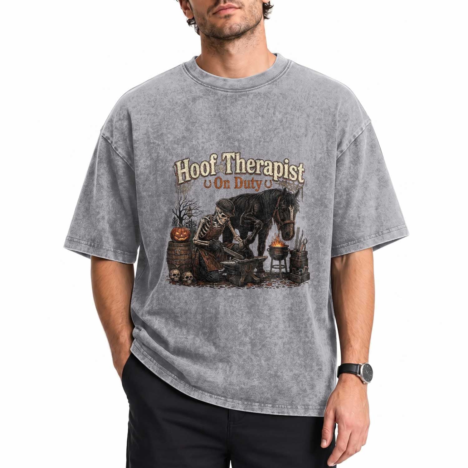 Farrier Halloween Horse Lover Gift Washed Cotton T-Shirt Hoof Therapist On Duty