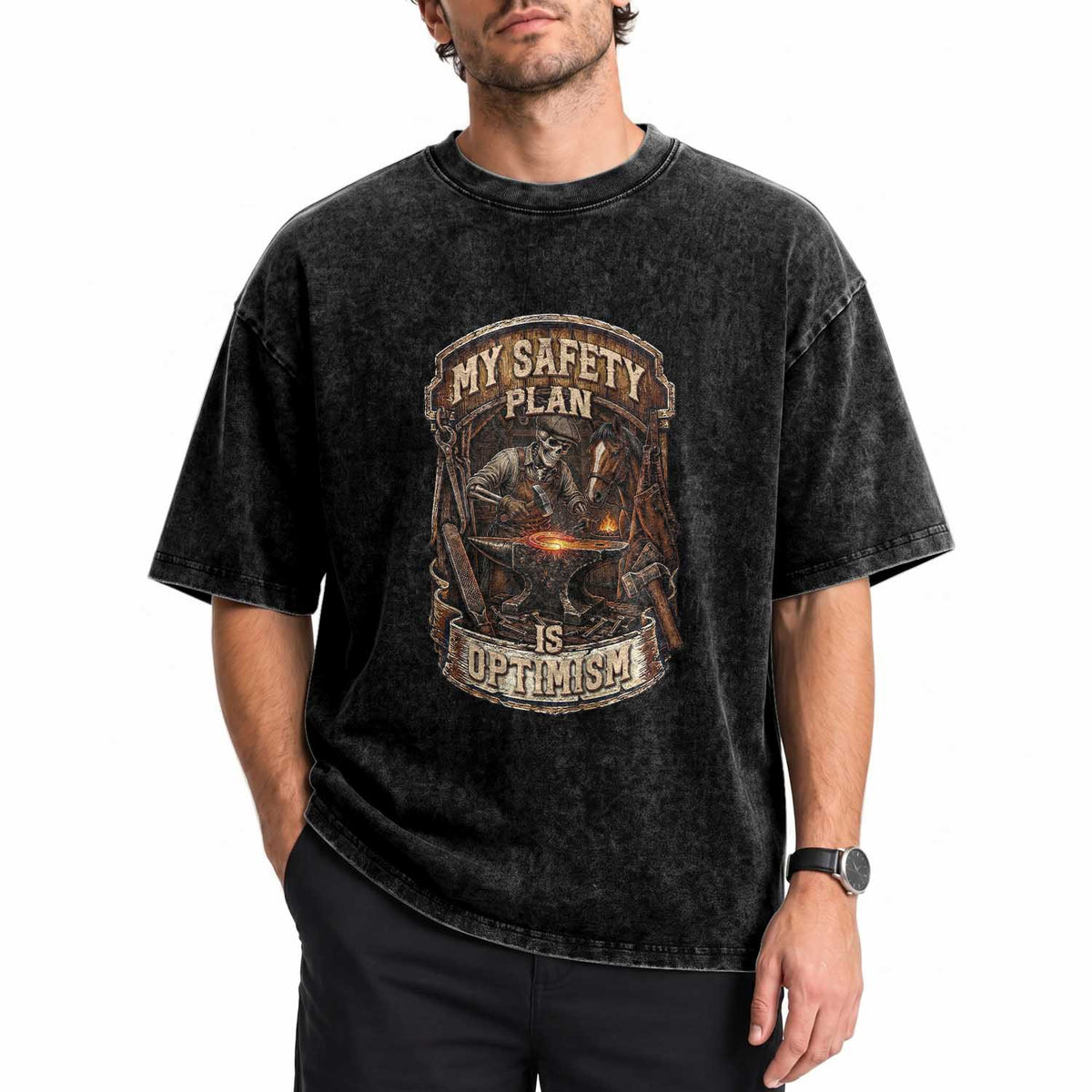 Skeleton Farrier Blacksmith Horse Lover Gift Washed Cotton T-Shirt My Safety Plan Is Optimism