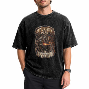 Skeleton Farrier Blacksmith Horse Lover Gift Washed Cotton T-Shirt My Safety Plan Is Optimism