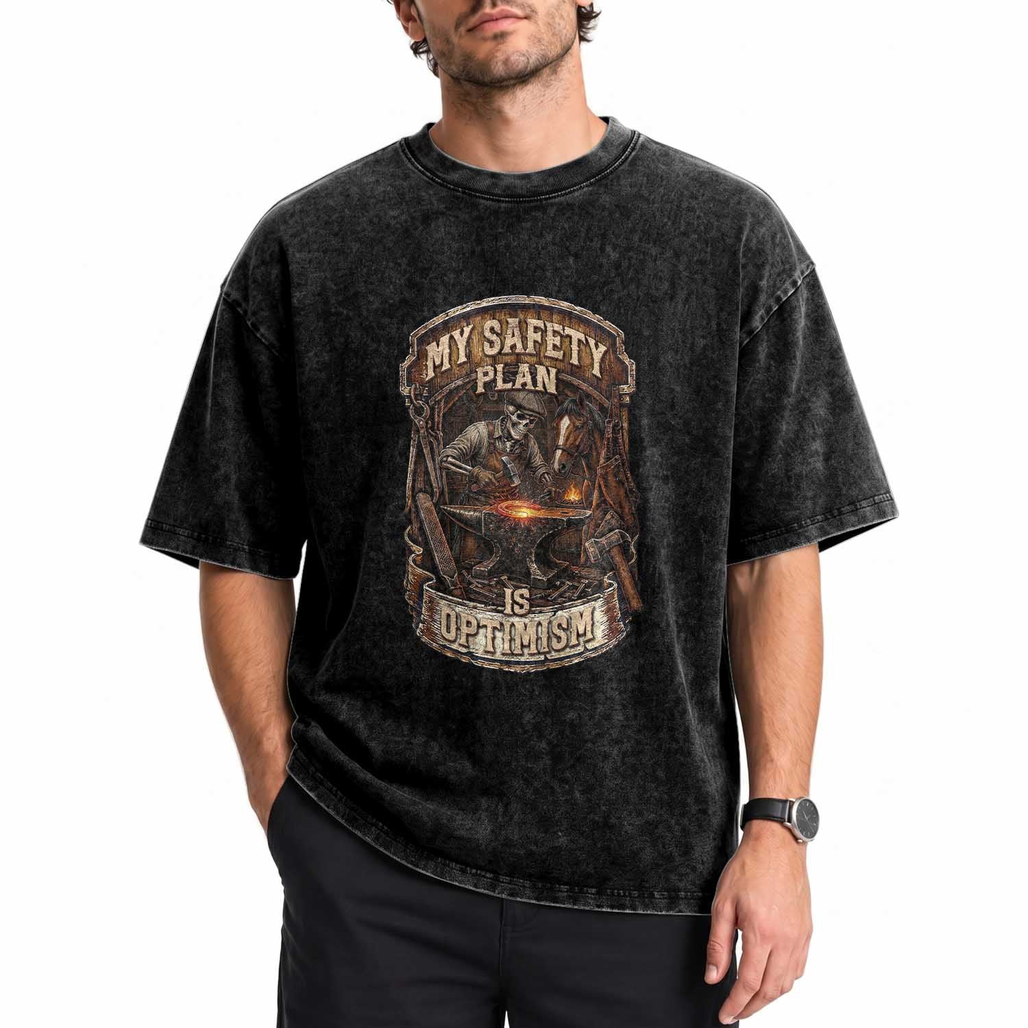 Skeleton Farrier Blacksmith Horse Lover Gift Washed Cotton T-Shirt My Safety Plan Is Optimism
