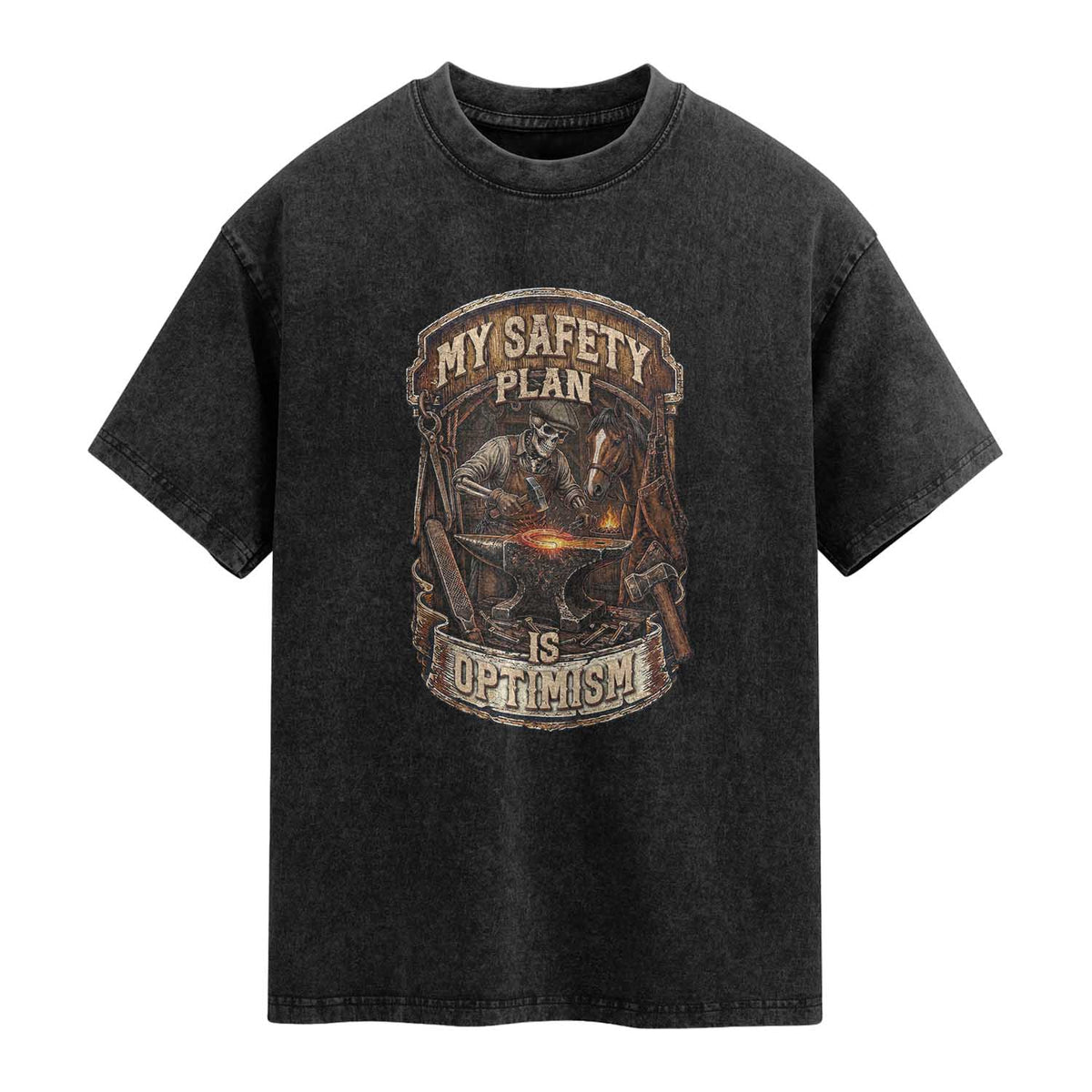 Skeleton Farrier Blacksmith Horse Lover Gift Washed Cotton T-Shirt My Safety Plan Is Optimism