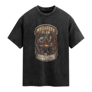 Skeleton Farrier Blacksmith Horse Lover Gift Washed Cotton T-Shirt My Safety Plan Is Optimism
