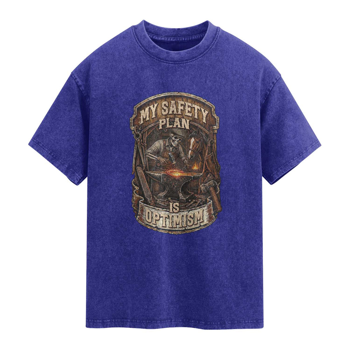 Skeleton Farrier Blacksmith Horse Lover Gift Washed Cotton T-Shirt My Safety Plan Is Optimism