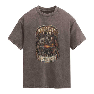 Skeleton Farrier Blacksmith Horse Lover Gift Washed Cotton T-Shirt My Safety Plan Is Optimism