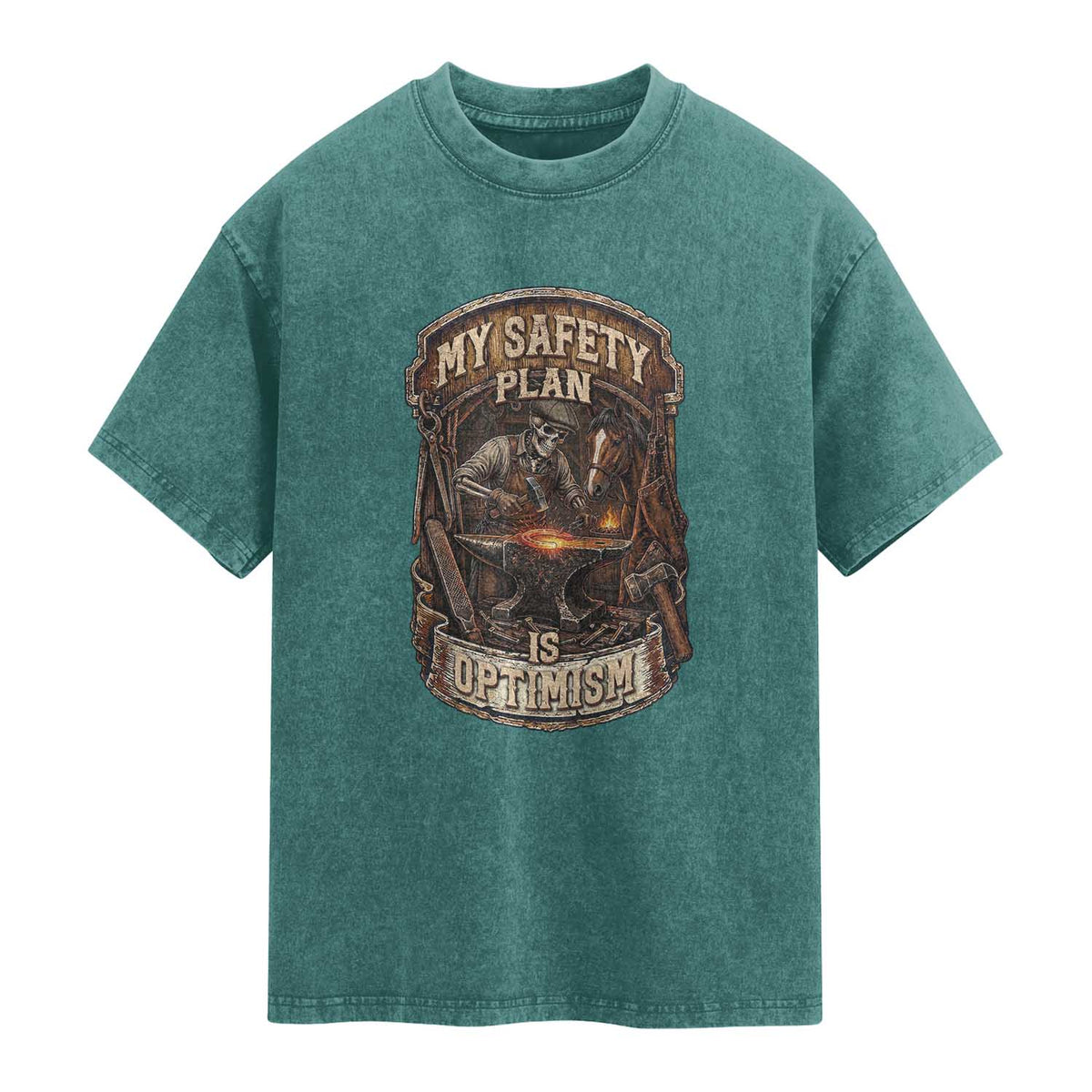 Skeleton Farrier Blacksmith Horse Lover Gift Washed Cotton T-Shirt My Safety Plan Is Optimism