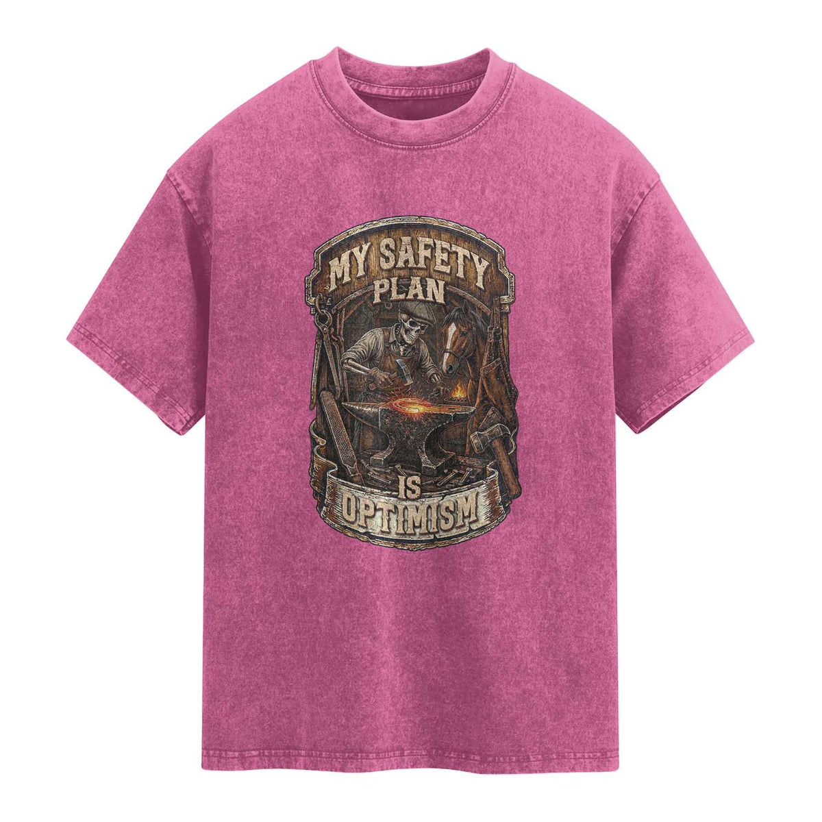 Skeleton Farrier Blacksmith Horse Lover Gift Washed Cotton T-Shirt My Safety Plan Is Optimism