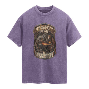 Skeleton Farrier Blacksmith Horse Lover Gift Washed Cotton T-Shirt My Safety Plan Is Optimism