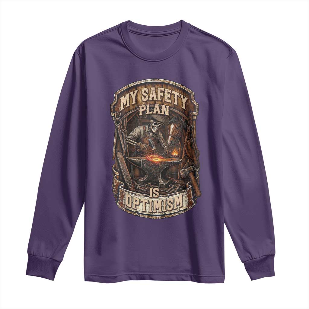 Skeleton Farrier Blacksmith Horse Lover Gift Long Sleeve Shirt My Safety Plan Is Optimism
