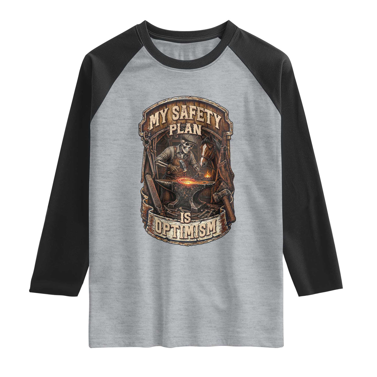 Skeleton Farrier Blacksmith Horse Lover Gift Raglan Shirt My Safety Plan Is Optimism