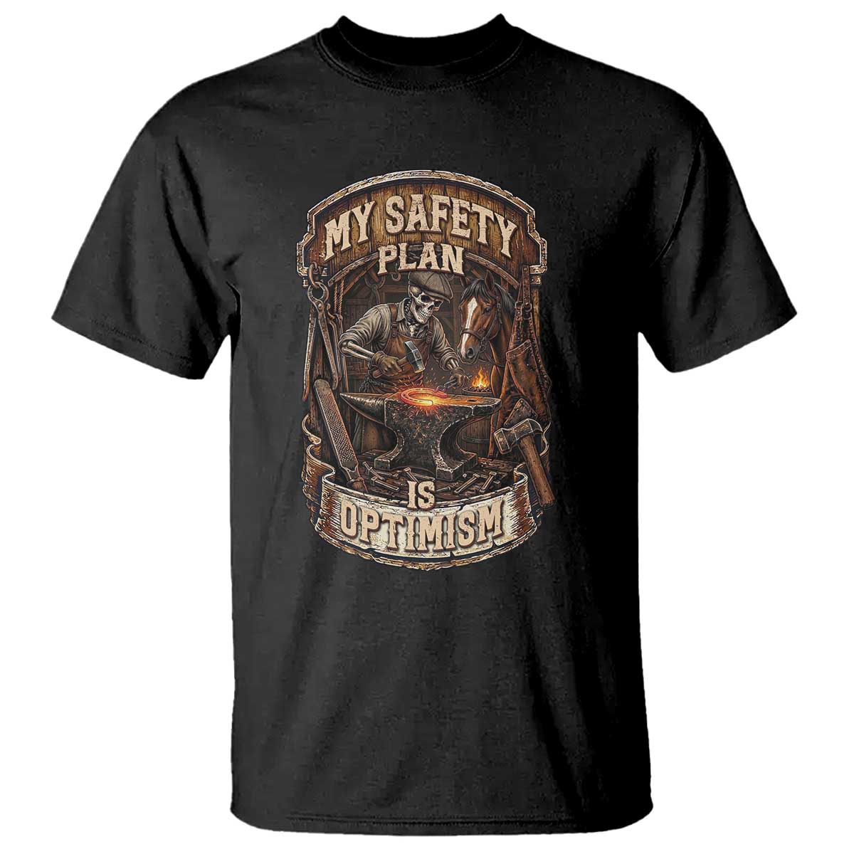 Skeleton Farrier Blacksmith Horse Lover Gift T Shirt My Safety Plan Is Optimism