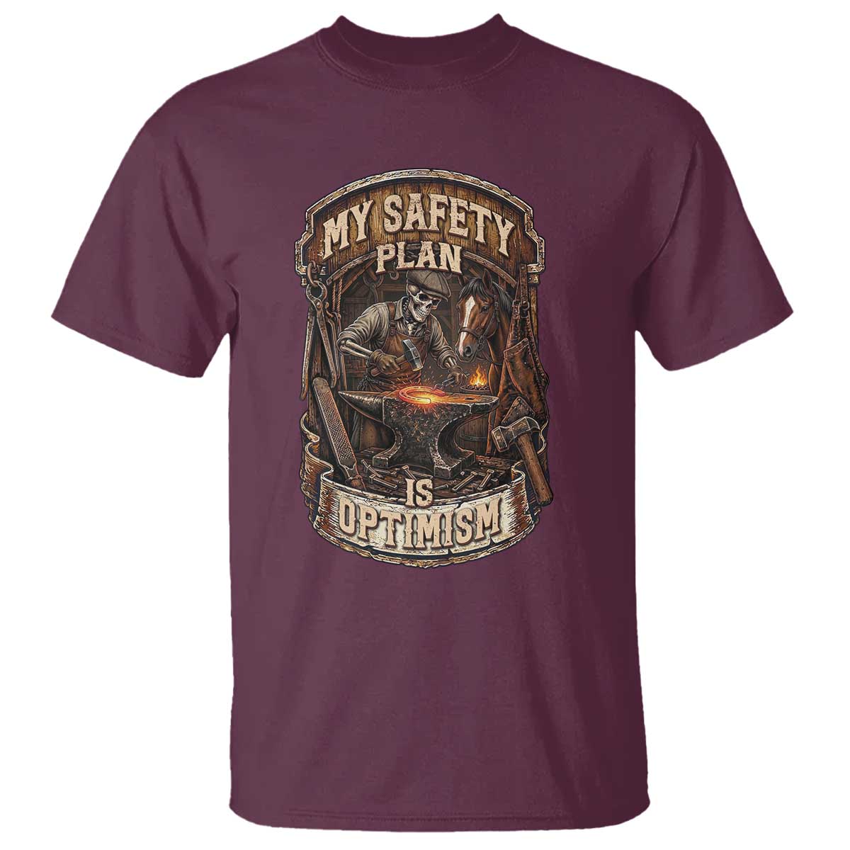 Skeleton Farrier Blacksmith Horse Lover Gift T Shirt My Safety Plan Is Optimism