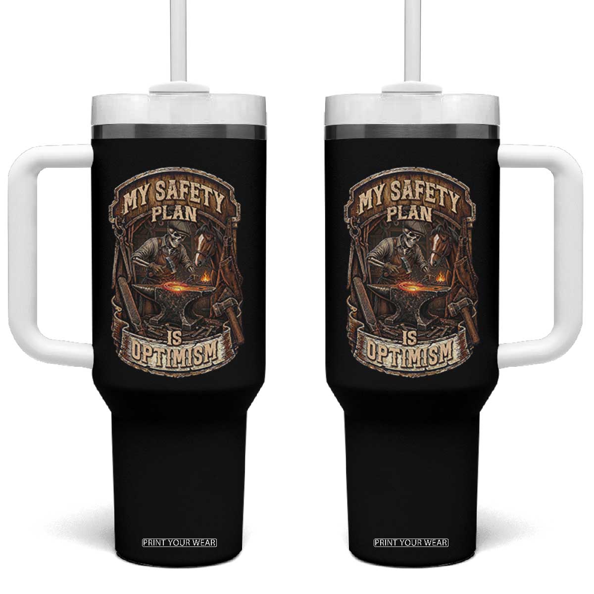 Skeleton Farrier Blacksmith Horse Lover Gift Tumbler With Handle My Safety Plan Is Optimism