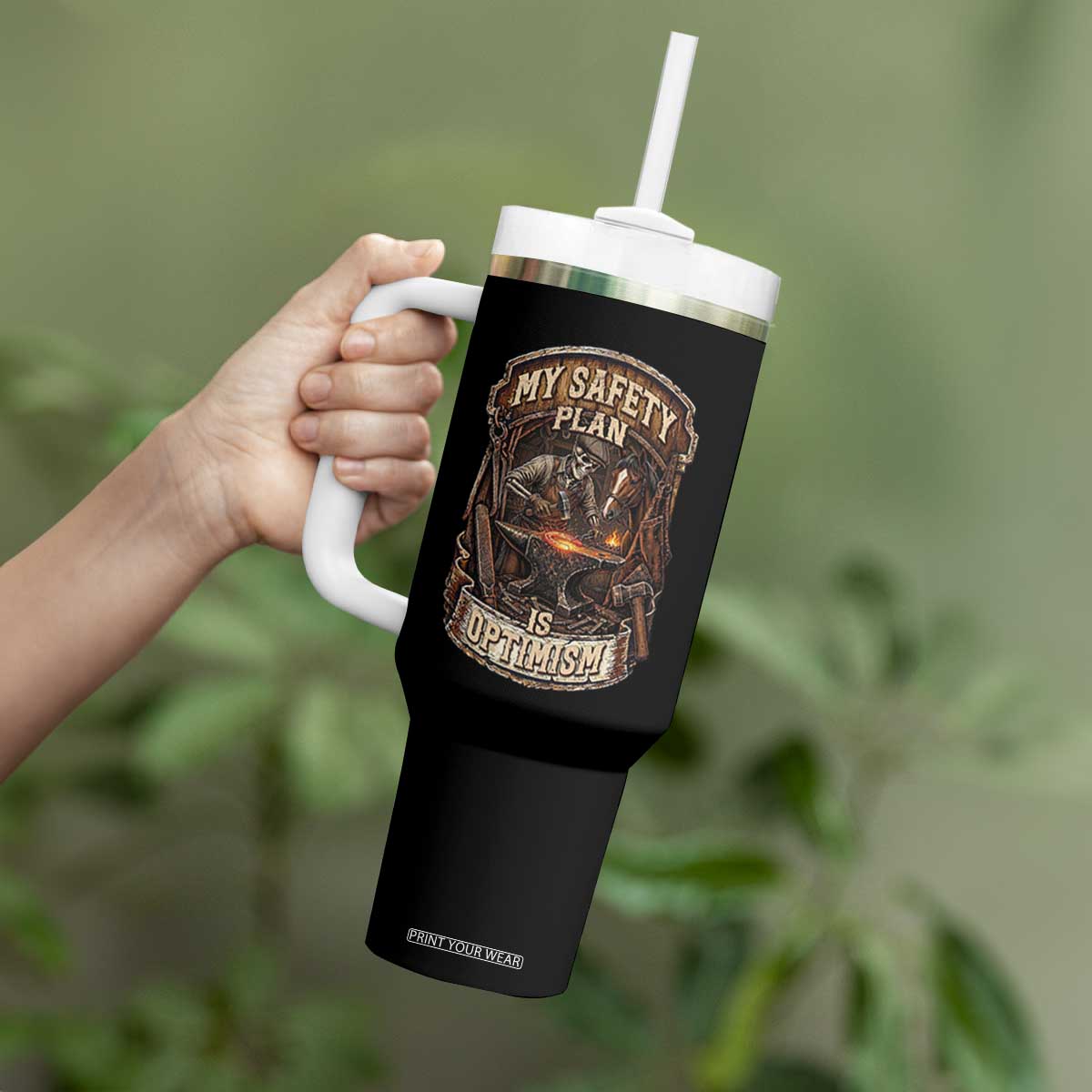 Skeleton Farrier Blacksmith Horse Lover Gift Tumbler With Handle My Safety Plan Is Optimism